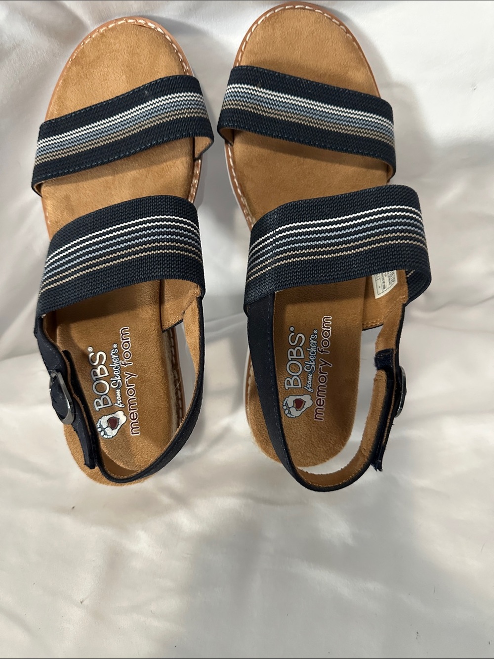 Skechers BOBS Navy Striped women’s Sandals with Tan Footbed